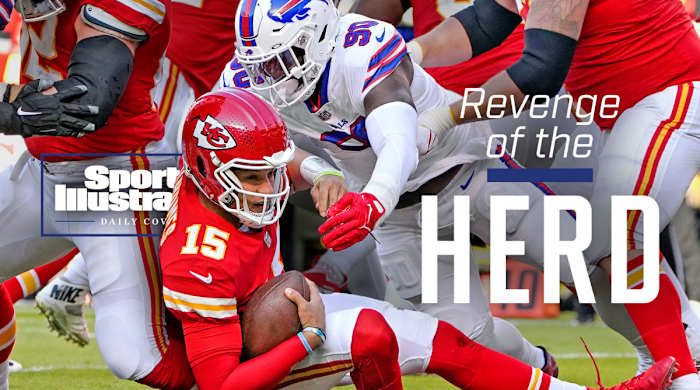 Patrick Mahomes is swarmed by defenders on the Bills SI Daily Cover